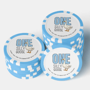 Custom Modern Blue One Silly Goose First Birthday Poker Chips