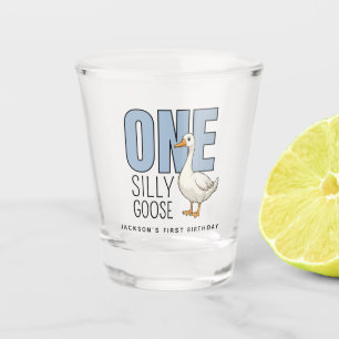 Custom Modern Blue One Silly Goose First Birthday Shot Glass