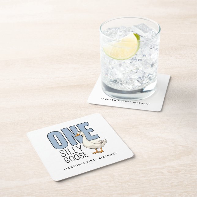 Custom Modern Blue One Silly Goose First Birthday Square Paper Coaster (Insitu)