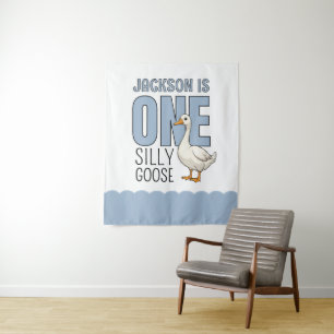 Custom Modern Blue One Silly Goose First Birthday Tapestry