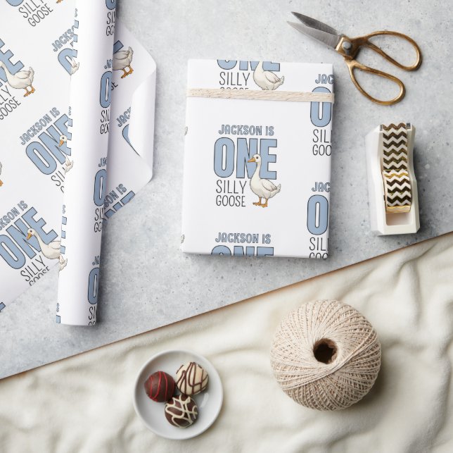 Custom Modern Blue One Silly Goose First Birthday Wrapping Paper (Crafts)