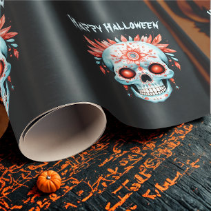 Custom Modern Blue Pink Halloween Sugar Skull Wrapping Paper