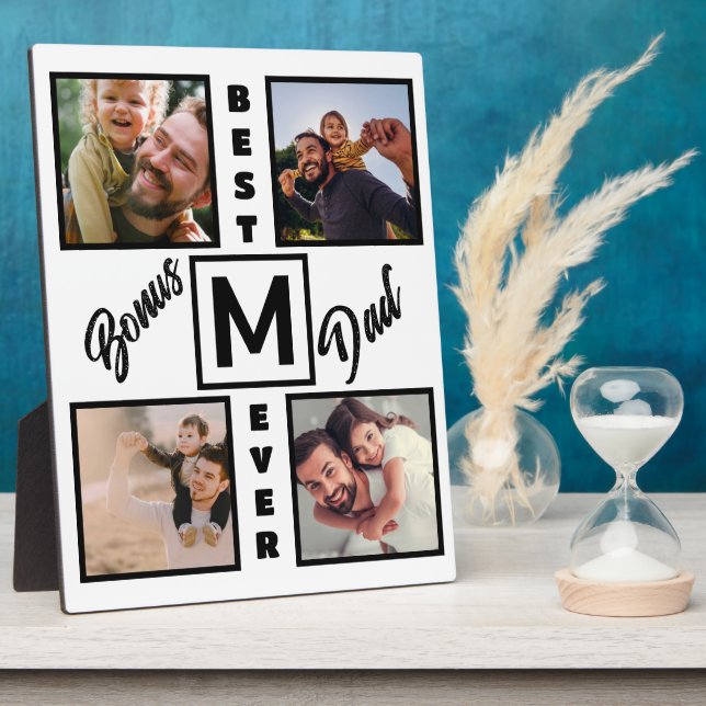 Custom Modern Bonus Dad Stepdad 4 Photo Collage Plaque (Side)