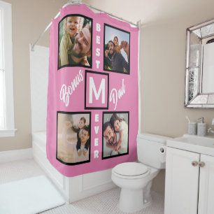 Custom Modern Bonus Dad Stepdad 4 Photo Collage Shower Curtain