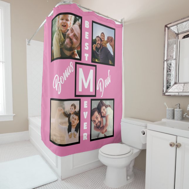 Custom Modern Bonus Dad Stepdad 4 Photo Collage Shower Curtain (In Situ)
