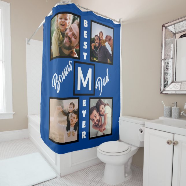 Custom Modern Bonus Dad Stepdad 4 Photo Collage Shower Curtain (In Situ)