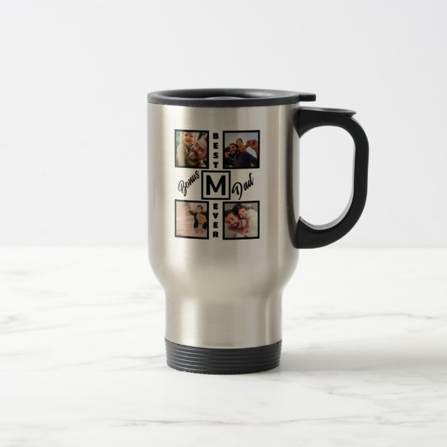Custom Modern Bonus Dad Stepdad 4 Photo Collage Travel Mug (Right)