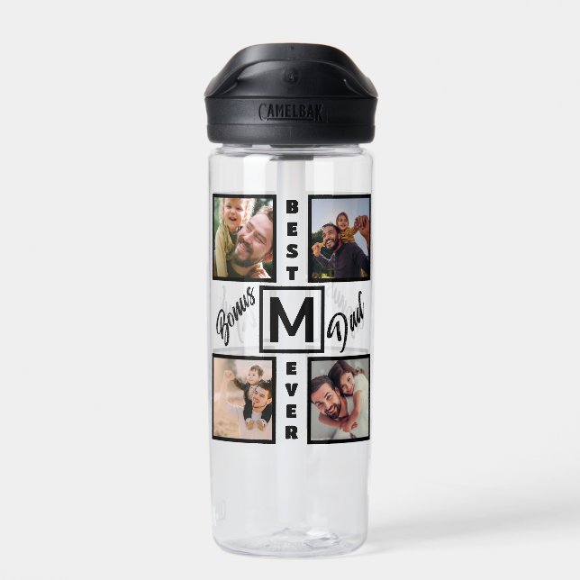 Custom Modern Bonus Dad Stepdad 4 Photo Collage Water Bottle (Back)