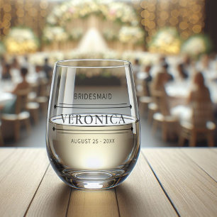 Custom Modern Bridesmaid Name Black Wedding Date Stemless Wine Glass