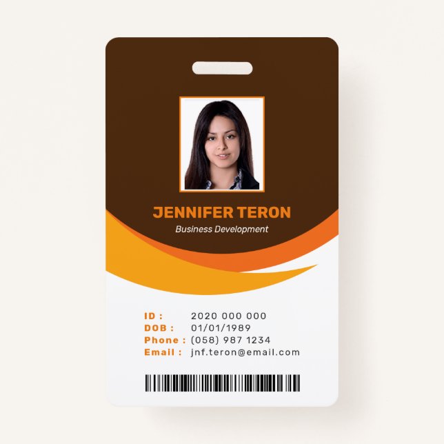 Custom Modern Brown Employee ID Card with barcode ID Badge (Front)