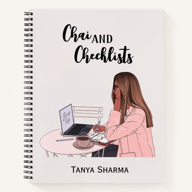 Custom Modern Brown Girl Chai & Checklists Notebook (Front)