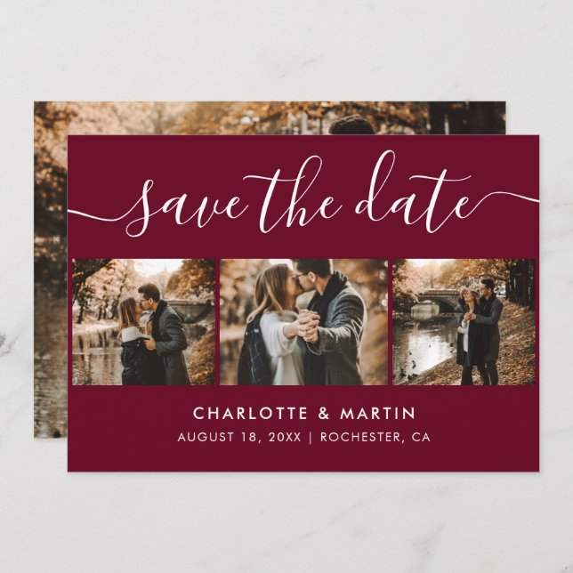 Custom Modern Burgundy Wedding 4 Photo Save The Date (Front/Back)