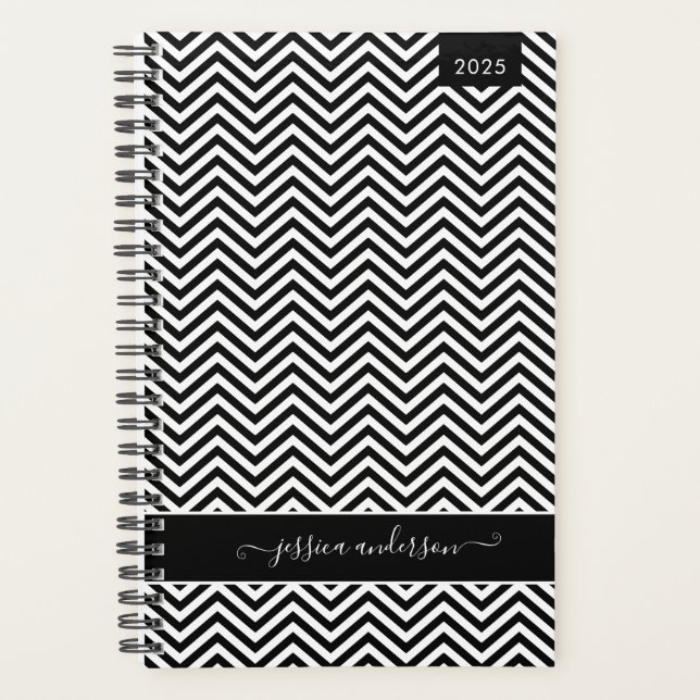 Custom Modern Chevron Zigzag Black Girly Script Planner (Front)