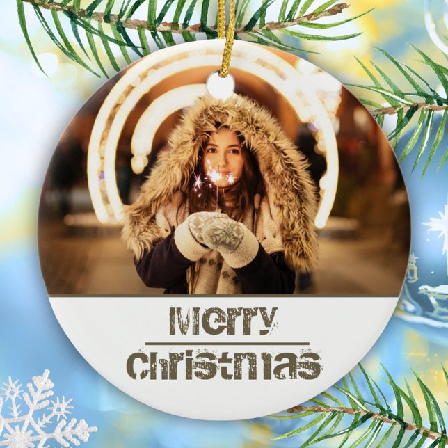 Custom Modern Christmas Holiday Photo Ceramic Ornament (Creator Uploaded)