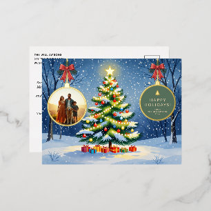 Custom Modern Christmas Tree Ball Ornament Photo Foil Holiday Postcard