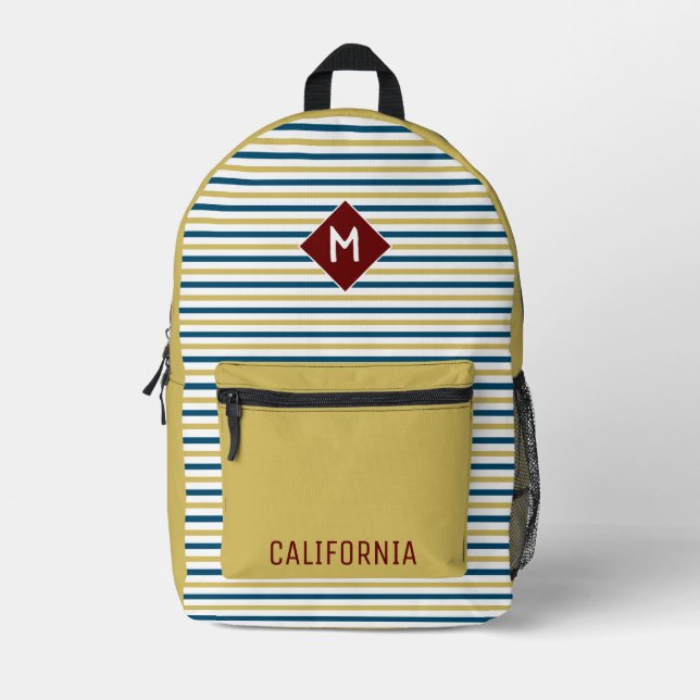 Custom modern classic stripes Beige Navy Burgundy Printed Backpack (Front)