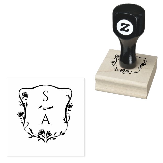 Custom Modern Couple's Monogram Floral Crest  Rubber Stamp (Stamped)