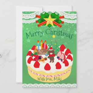 Custom Modern Cute Christmas Cake Bear Green Holiday Card