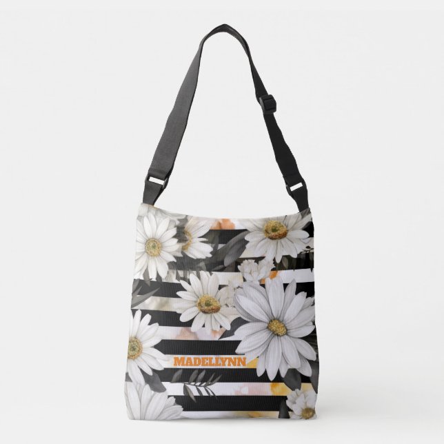Custom Modern Daisy Black and White Striped Tote (Front)