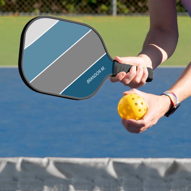 Custom Modern Dark Teal Blue Grey Stripes Art Pickleball Paddle (Insitu)