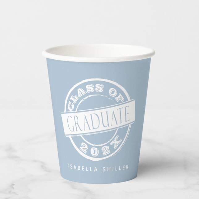 Custom Modern Dusty Blue Graduate Paper Cups (Front)