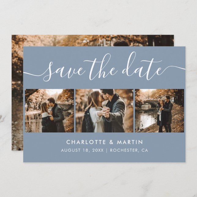 Custom Modern Dusty Blue Wedding 4 Photo Save The Date (Front/Back)