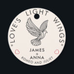Custom Modern Elegant Couple Stylish Heart Quote  Favour Tags<br><div class="desc">These elegant, circular wedding favour tags are a timeless way to celebrate love and gratitude. The front features the romantic Shakespearean quote ‘Love’s light wings.’ – Romeo and Juliet, beautifully framed by a delicate dove illustration and subtle heart accents. The minimalist black-and-white design is elevated by the small red hearts,...</div>
