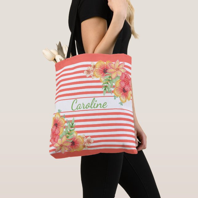 Custom Modern Elegant Floral Stripes Art Pattern Tote Bag (Close Up)