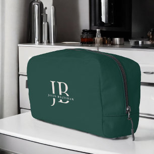 Custom Modern Elegant Monogram and Name Dark Green Dopp Kit