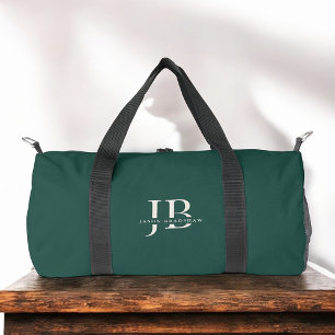 Custom Modern Elegant Monogram and Name Dark Green Duffle Bag