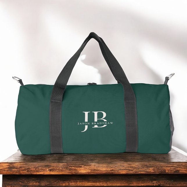 Custom Modern Elegant Monogram and Name Dark Green Duffle Bag (Creator Uploaded)