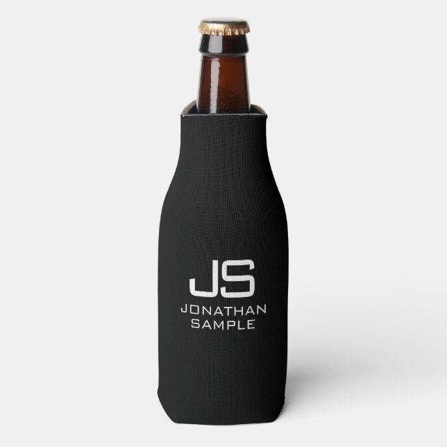 Custom Modern Elegant Simple Black White Monogram Bottle Cooler (Bottle Front)