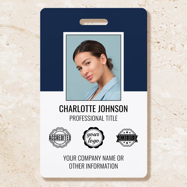 Custom Modern Employee Photo Company Logo Navy ID Badge (Creator Uploaded)