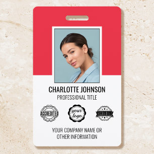 Custom Modern Employee Photo Company Logo Red ID Badge