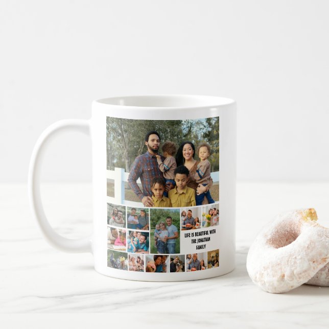 Custom Modern Family 14 Photo Collage Template Coffee Mug (With Donut)