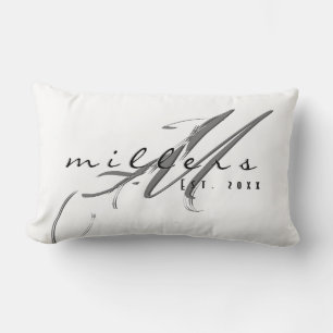 Custom Modern Family Name & Monogram   White Lumbar Cushion