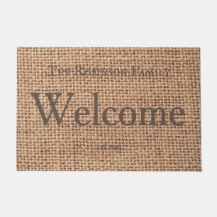 Custom Modern farmhouse stylish text burlap family Doormat