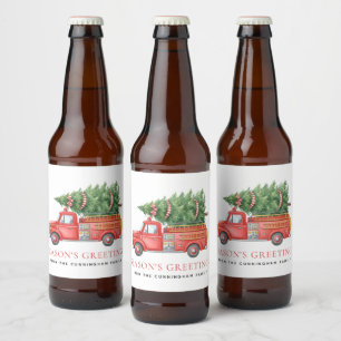 Custom Modern Firefighter Christmas Fire Truck Beer Bottle Label