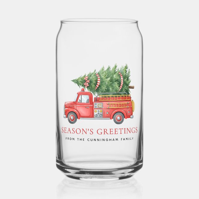 Custom Modern Firefighter Christmas Fire Truck  Can Glass (Front)