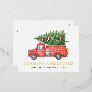 Custom Modern Firefighter Christmas Fire Truck Foil Holiday Postcard