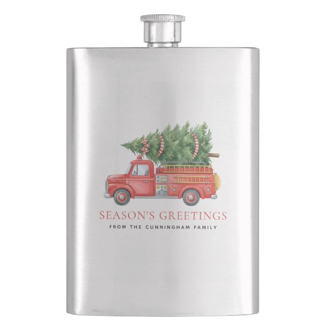 Custom Modern Firefighter Christmas Fire Truck  Hip Flask (Front)