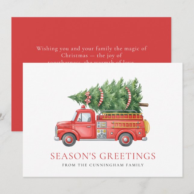 Custom Modern Firefighter Christmas Fire Truck  Holiday Card (Front/Back)