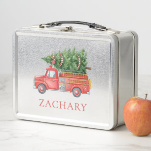 Custom Modern Firefighter Christmas Fire Truck Metal Lunch Box