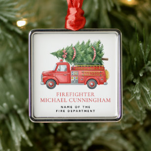 Custom Modern Firefighter Christmas Fire Truck Metal Ornament
