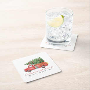 Custom Modern Firefighter Christmas Fire Truck Square Paper Coaster
