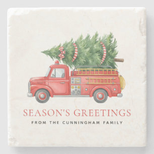 Custom Modern Firefighter Christmas Fire Truck Stone Coaster