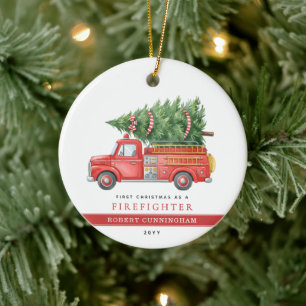 Custom Modern Firefighter First Christmas  Ceramic Ornament