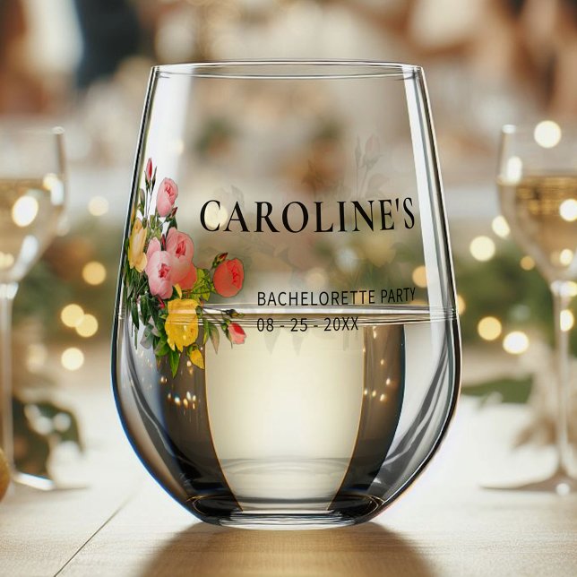 Custom Modern Floral Bride Bachelorette Party Date Stemless Wine Glass (Creator Uploaded)
