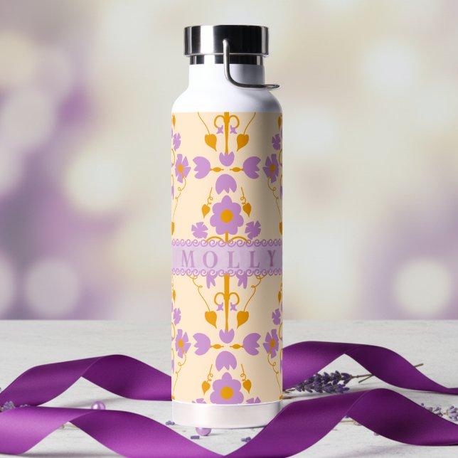 Custom Modern Floral Purple And Cream Water Bottle (Cute, colorful, and totally customizable.)