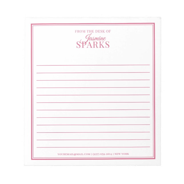 Custom Modern From the Desk of Name Lined Pink Notepad (Front)